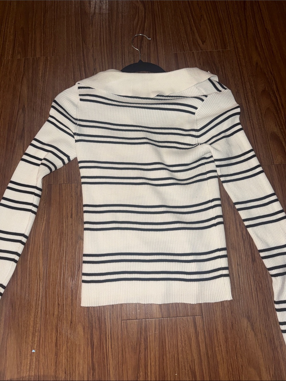 Ribbed Striped Polo Sweater - White with Black Stripes - Picture 2 of 3